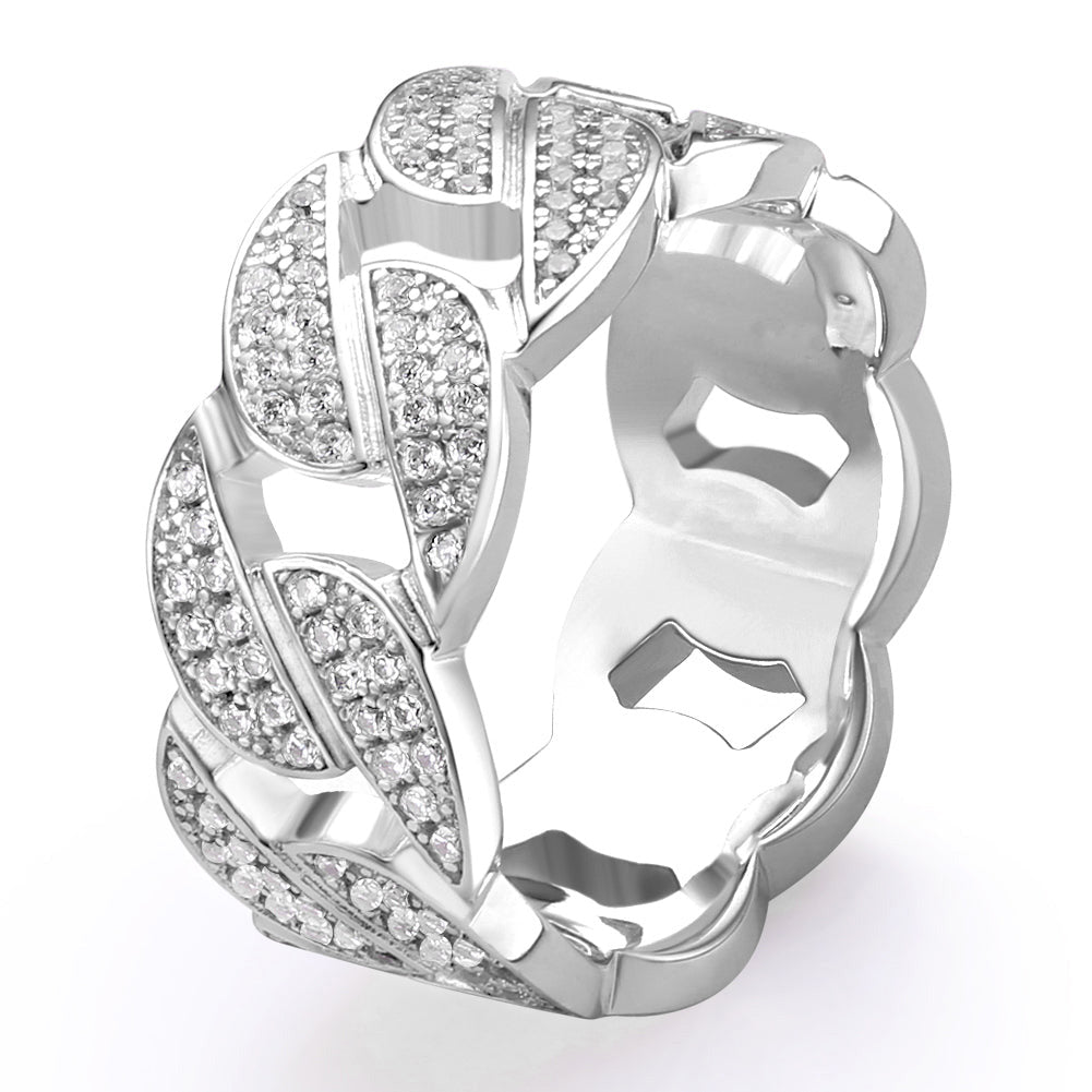 Iced Out Diamond CZ Cuban Link Mens Ring in White Gold - ViViGleam