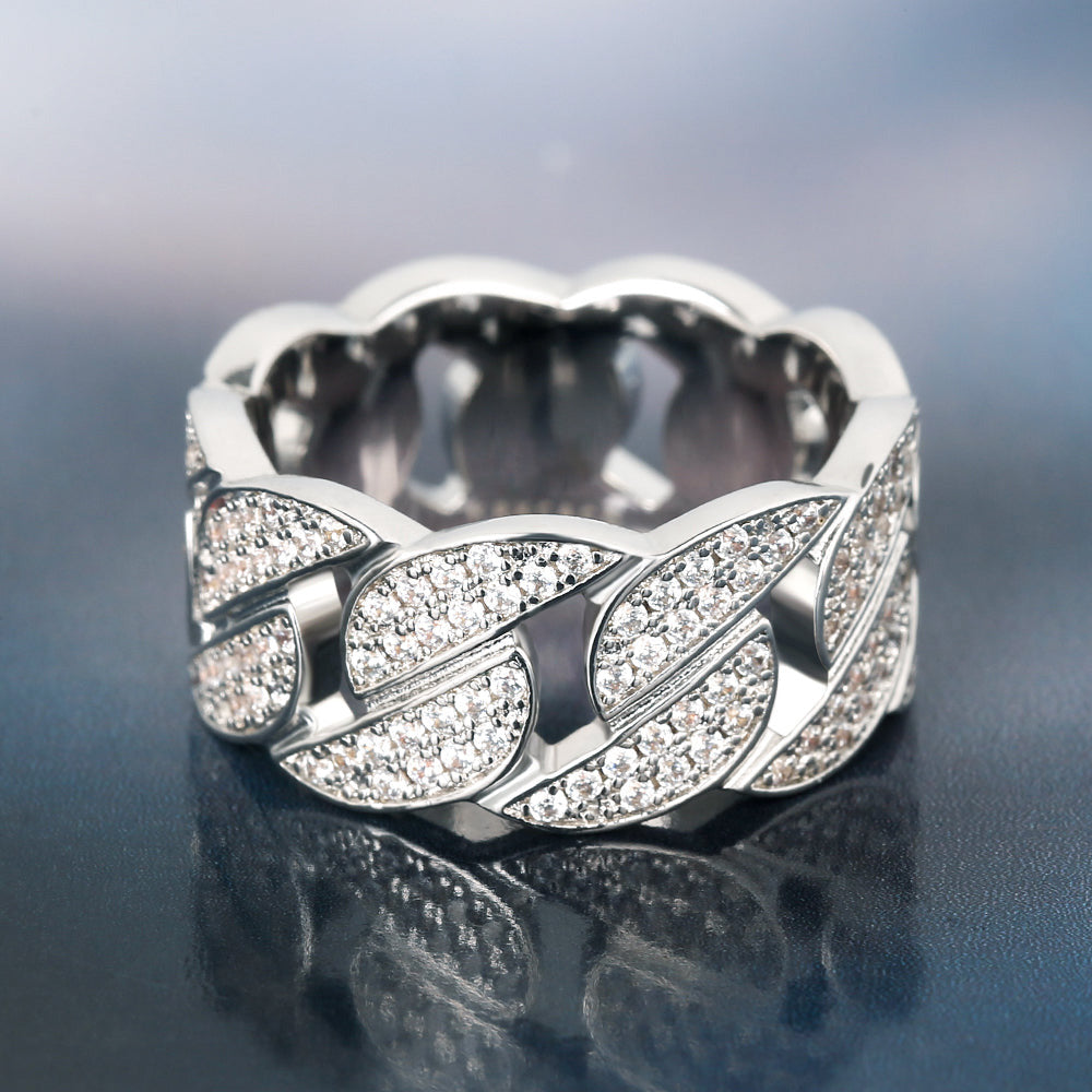 Iced Out Diamond CZ Cuban Link Mens Ring in White Gold - ViViGleam