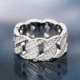 Iced Out Diamond CZ Cuban Link Mens Ring in White Gold - ViViGleam