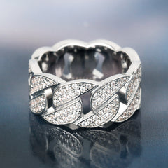 Iced Out Diamond CZ Cuban Link Mens Ring in White Gold - ViViGleam