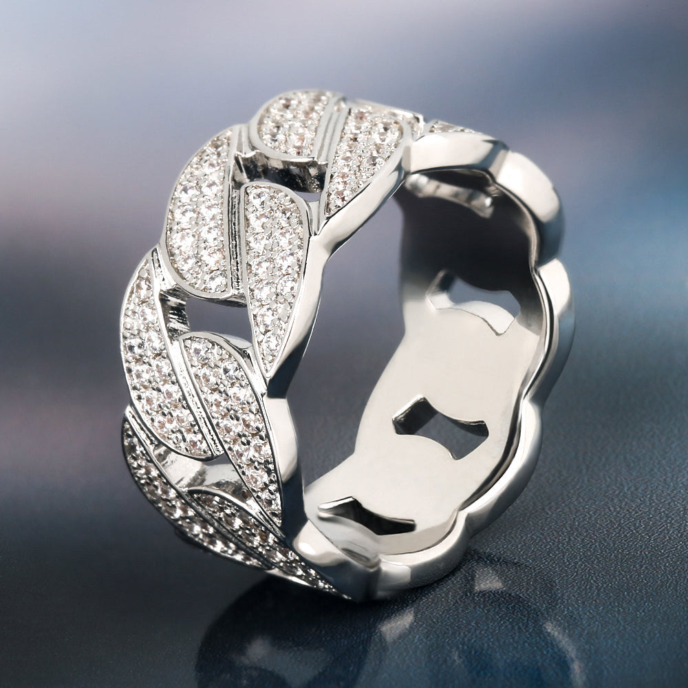 Iced Out Diamond CZ Cuban Link Mens Ring in White Gold - ViViGleam