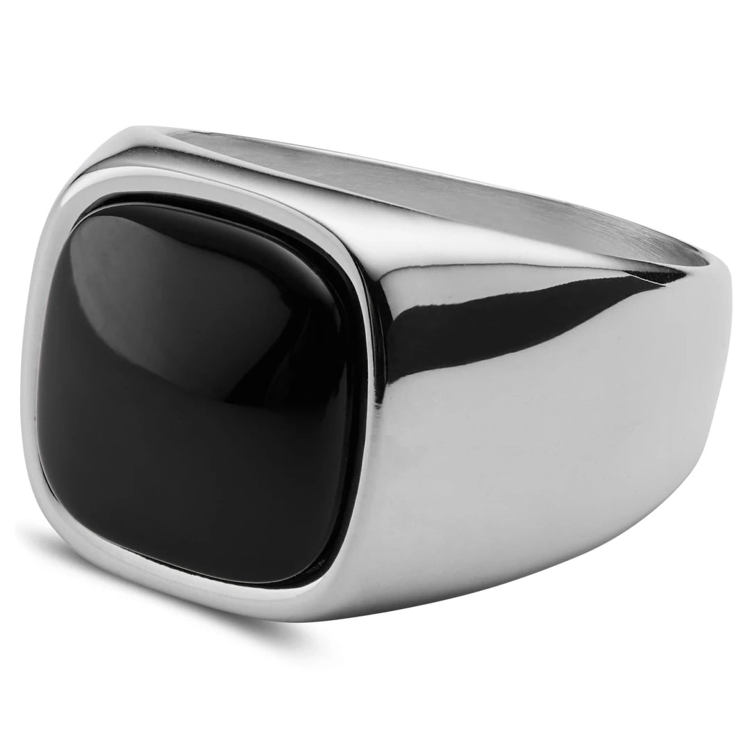 Stainless Steel Black Stone Signet Ring - ViViGleam