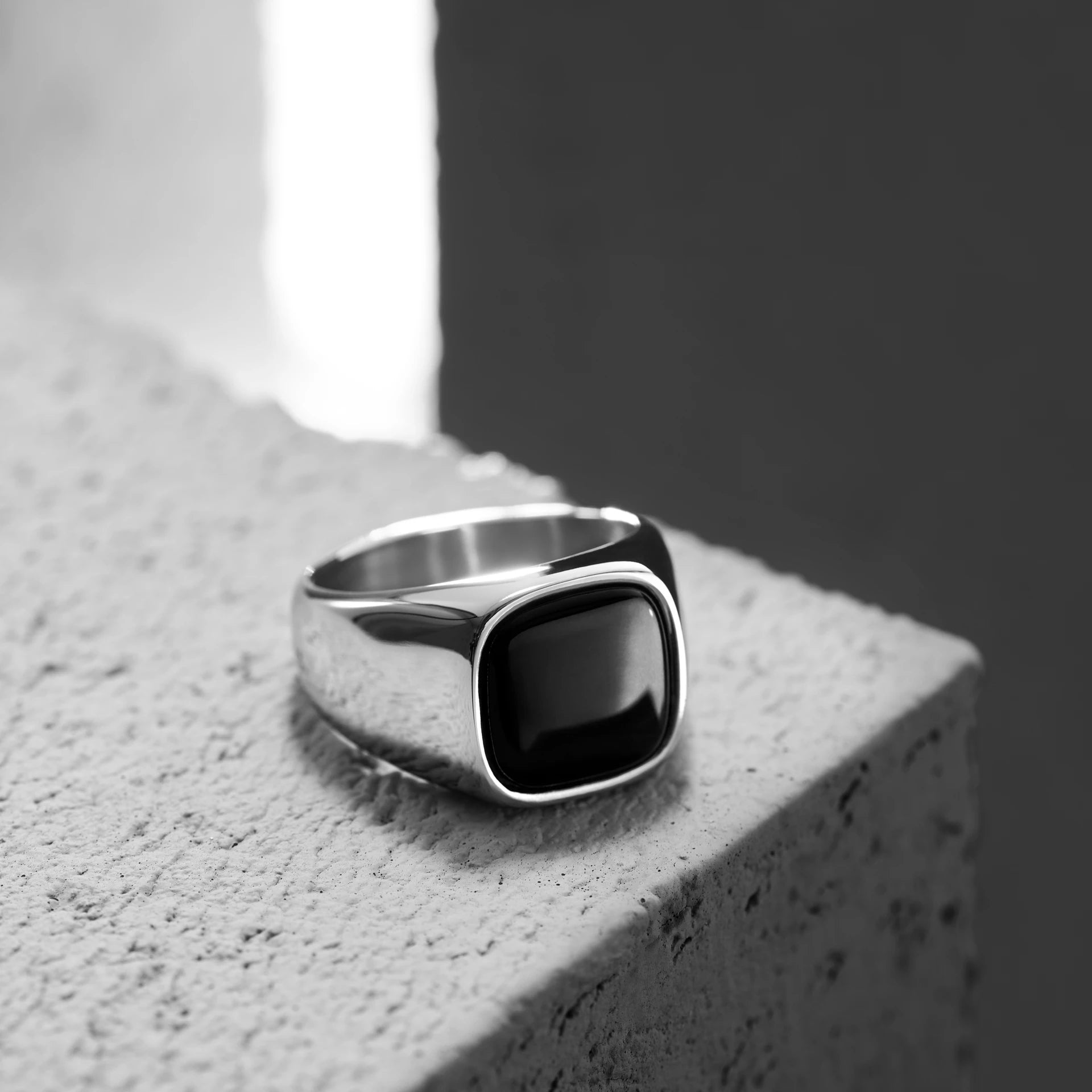 Stainless Steel Black Stone Signet Ring - ViViGleam