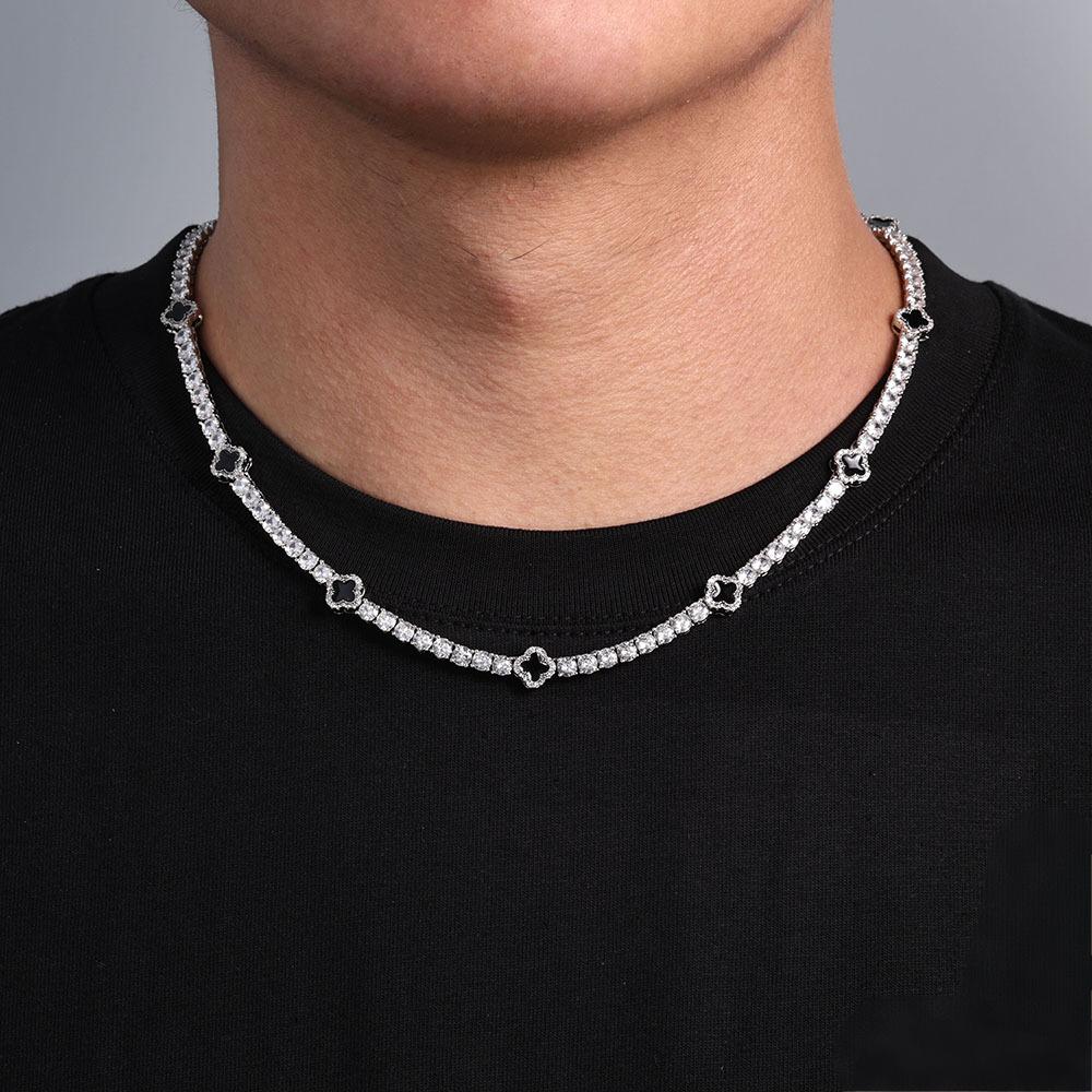 4mm Iced Out Tennis Necklace With Black Enamel Four Leaf Clover - ViViGleam