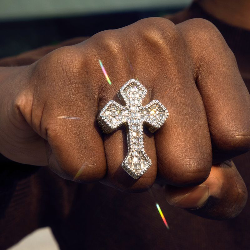 Full Iced Baguette Cut Cross Shaped Ring - ViViGleam