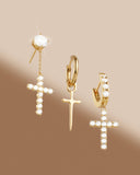 Cross Drop Hoop Earrings - Gold - ViViGleam
