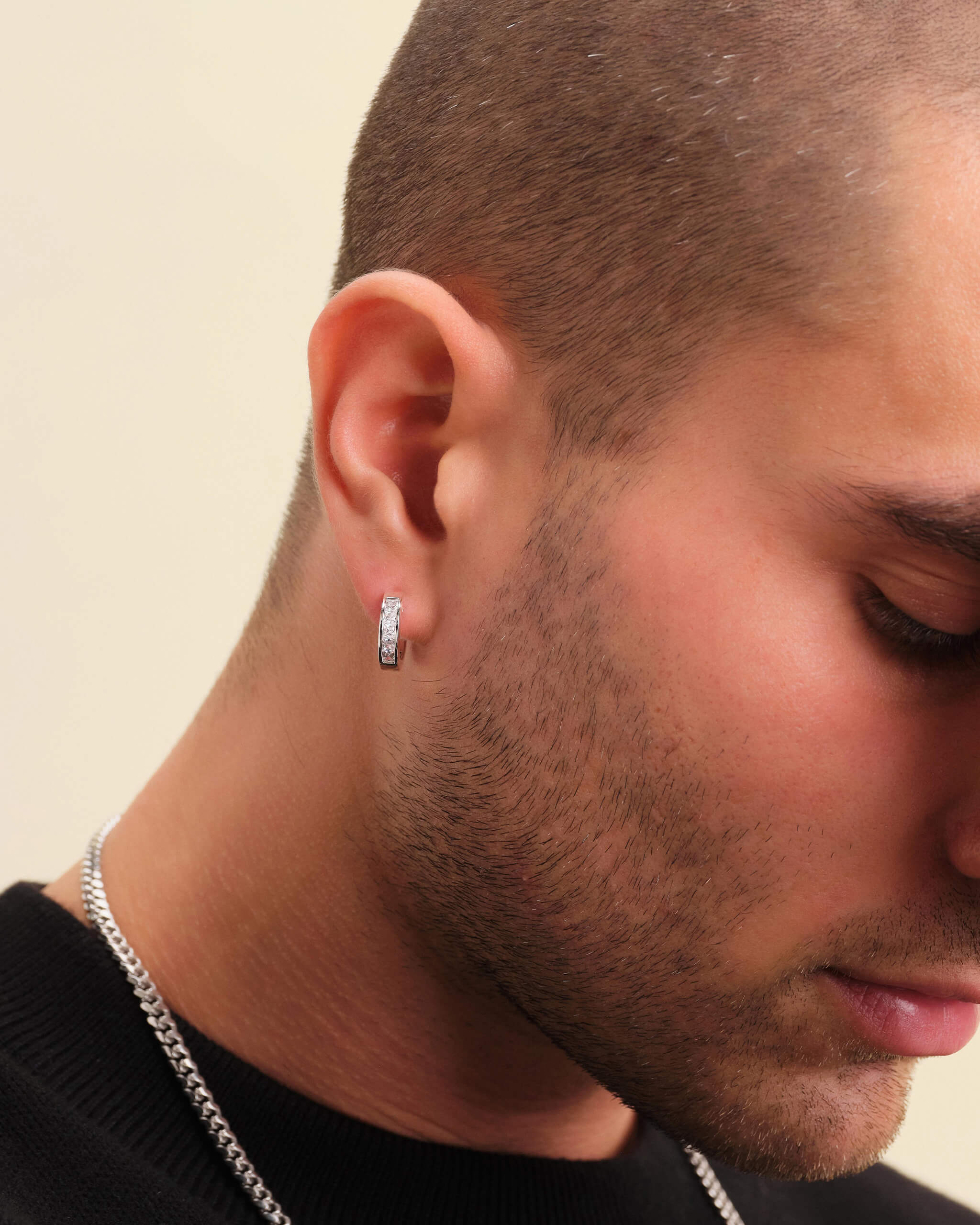 Emerald Cut Inset Hoop Earrings - Silver - ViViGleam