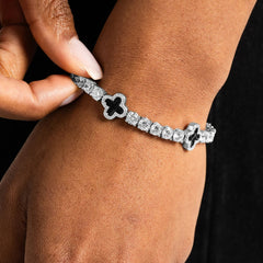 4mm Iced Out Tennis Bracelet With Black Enamel Four Leaf Clover - ViViGleam