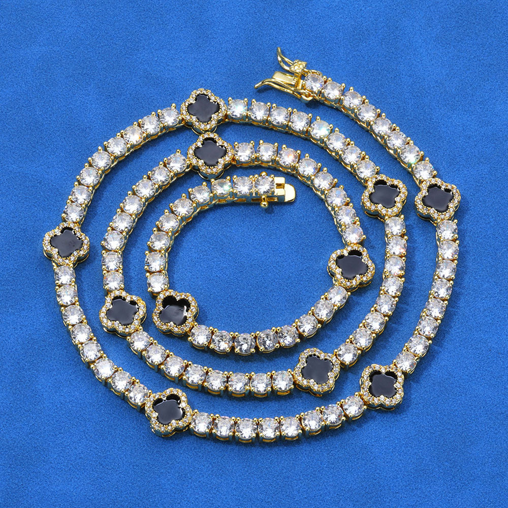 4mm Moissanite Tennis Necklace With Black Enamel Four Leaf Clover - ViViGleam