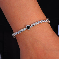 4mm Iced Out Tennis Bracelet With Black Enamel Four Leaf Clover - ViViGleam