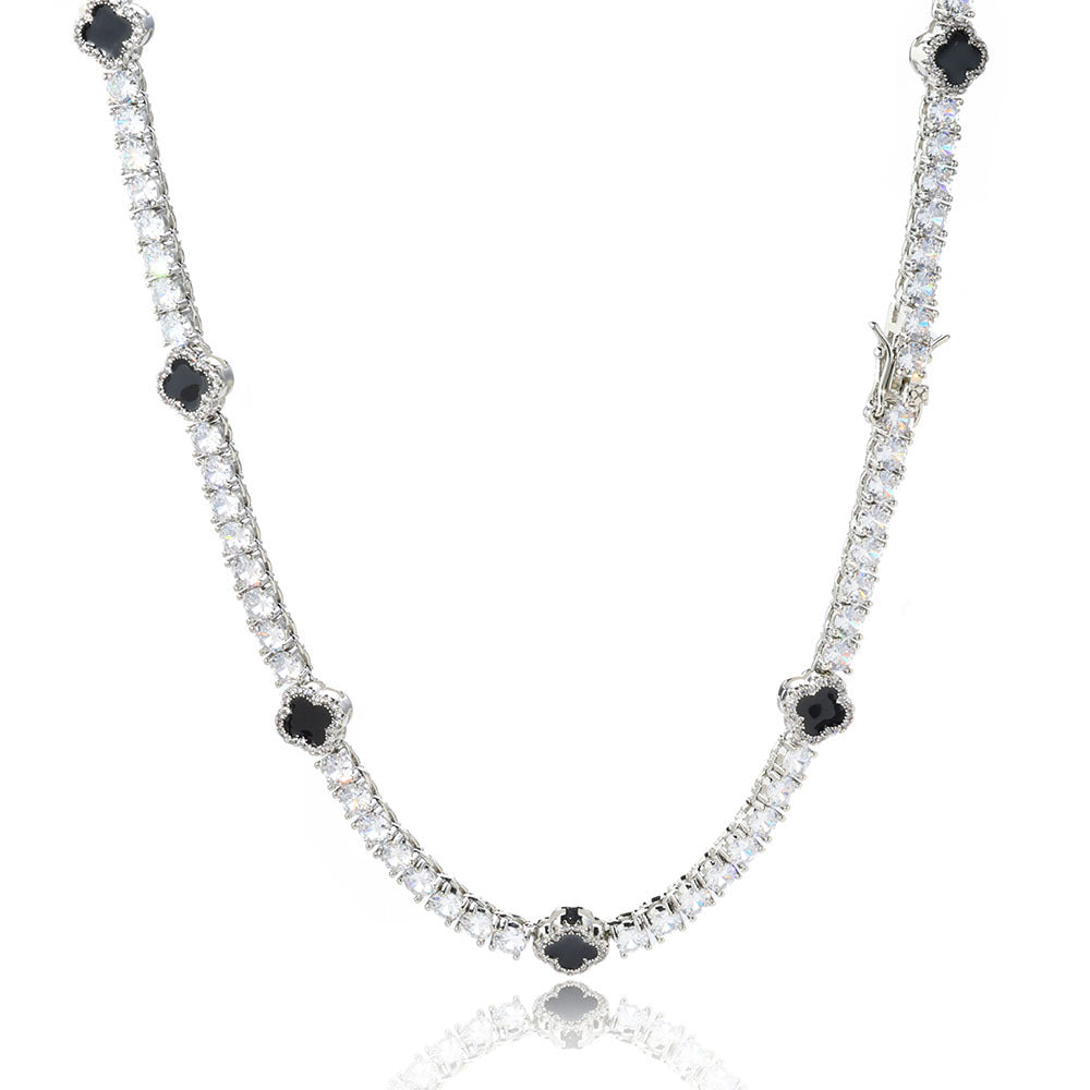 4mm Moissanite Tennis Necklace With Black Enamel Four Leaf Clover - ViViGleam