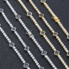 4mm Moissanite Tennis Necklace With Black Enamel Four Leaf Clover - ViViGleam