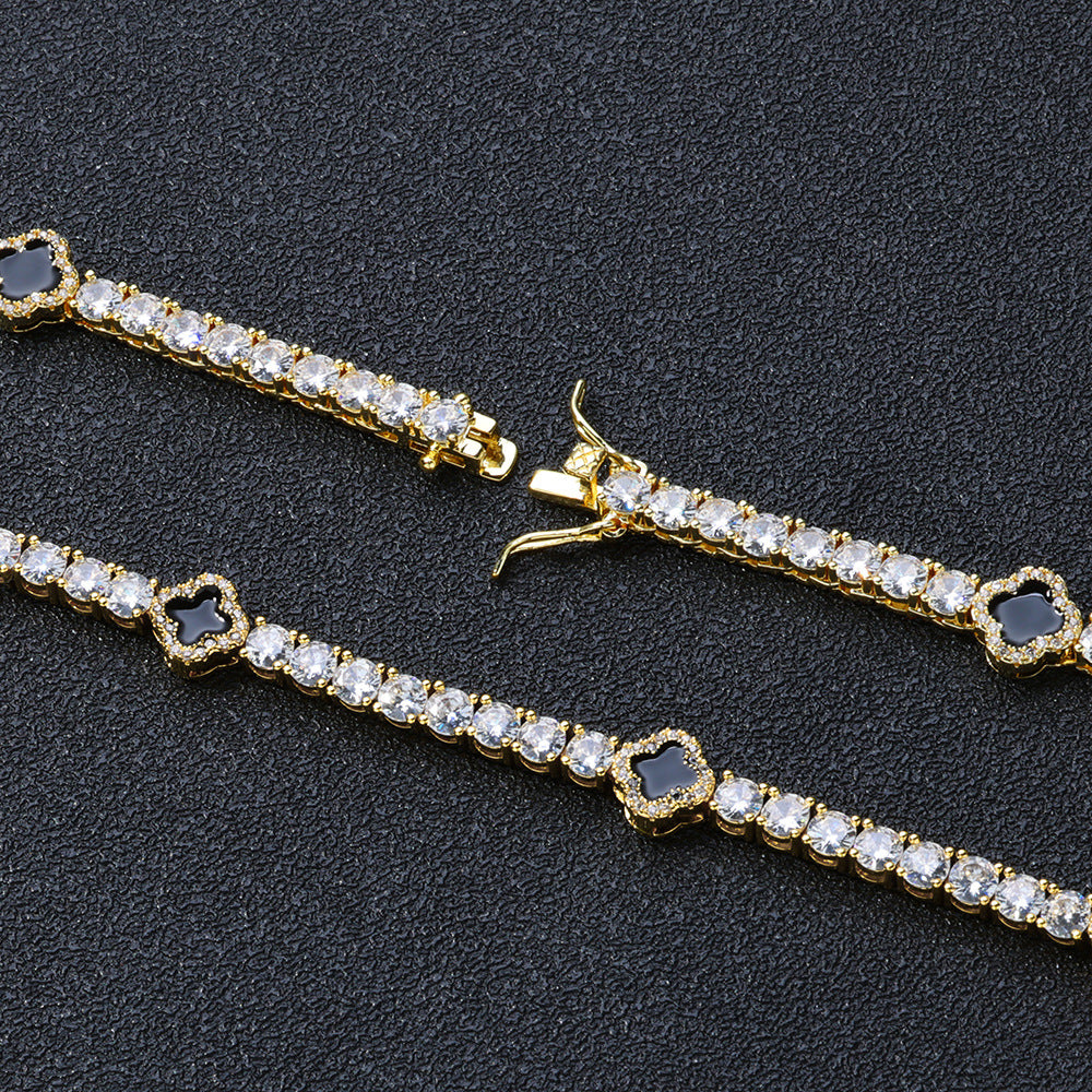 4mm Moissanite Tennis Necklace With Black Enamel Four Leaf Clover - ViViGleam