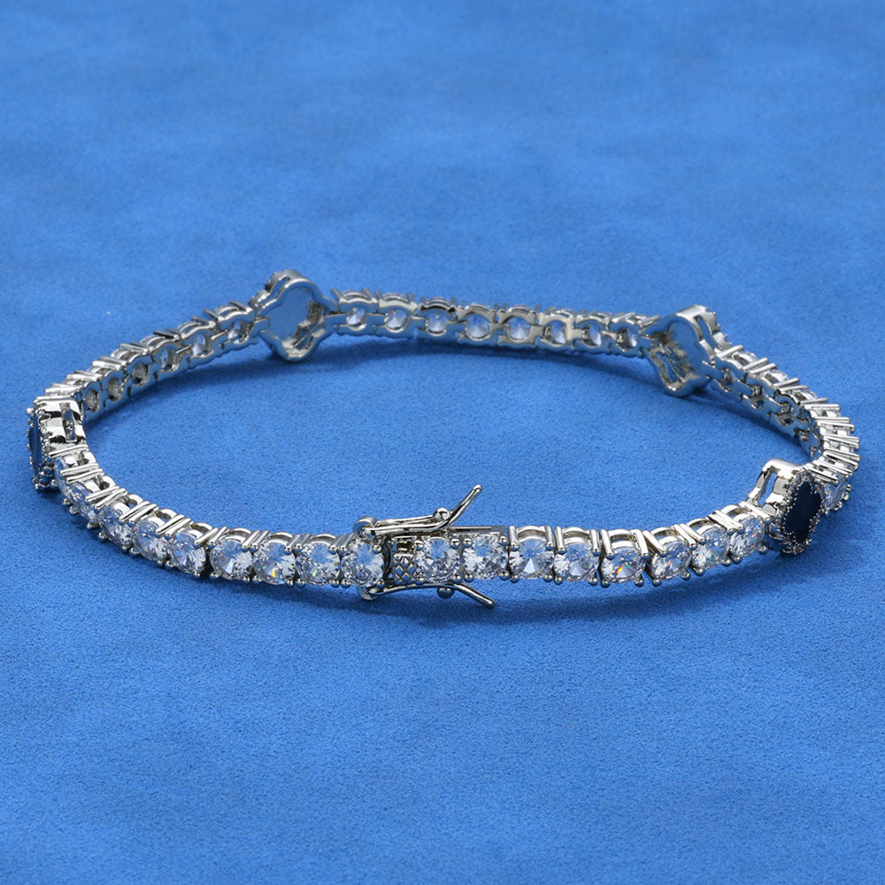 4mm Iced Out Tennis Bracelet With Black Enamel Four Leaf Clover - ViViGleam