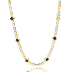 4mm Moissanite Tennis Necklace With Black Enamel Four Leaf Clover - ViViGleam