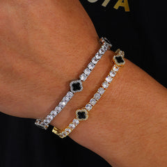4mm Iced Out Tennis Bracelet With Black Enamel Four Leaf Clover - ViViGleam