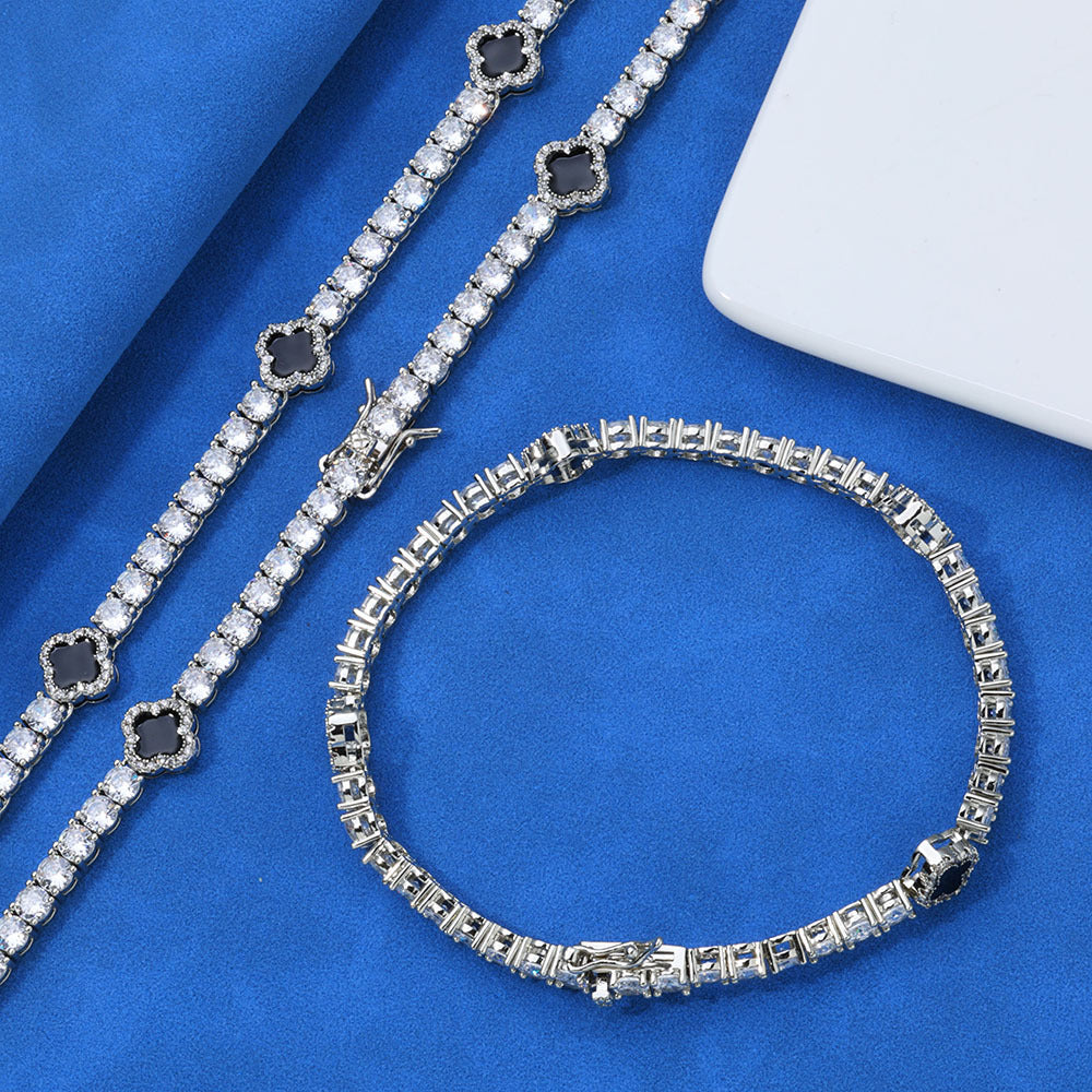 4mm Moissanite Tennis Necklace With Black Enamel Four Leaf Clover - ViViGleam