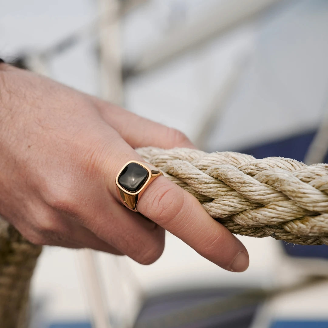 Stainless Steel Black Stone Signet Ring - ViViGleam