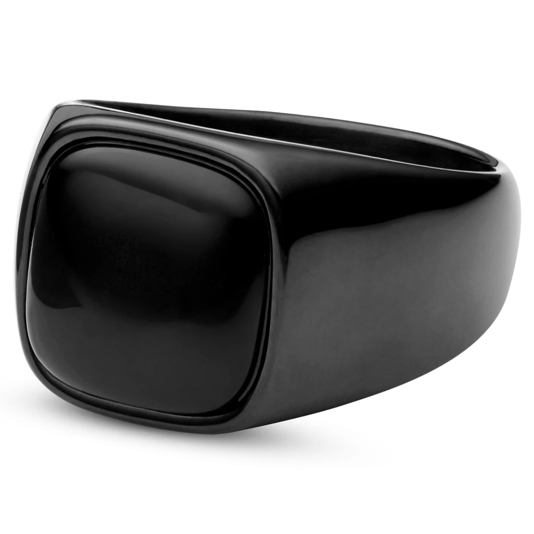 Stainless Steel Black Stone Signet Ring - ViViGleam