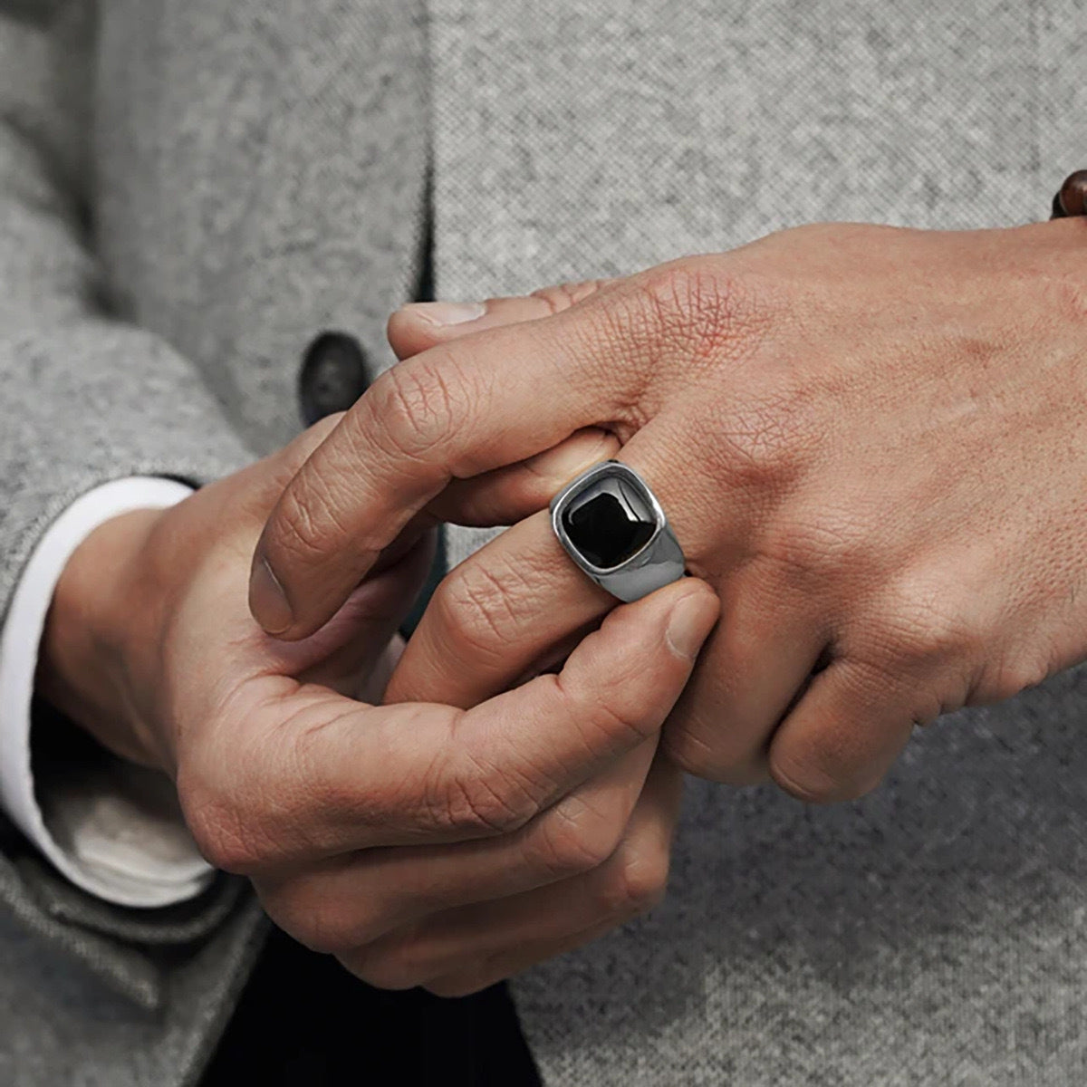 Stainless Steel Black Stone Signet Ring - ViViGleam