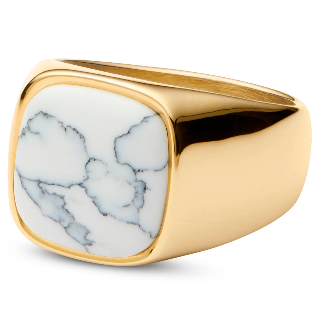 Stainless Steel Howlite Signet Ring - ViViGleam