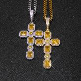 Statement Iced Out Yellow Stone Cross Pendant Necklace