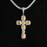 Statement Iced Out Yellow Stone Cross Pendant Necklace
