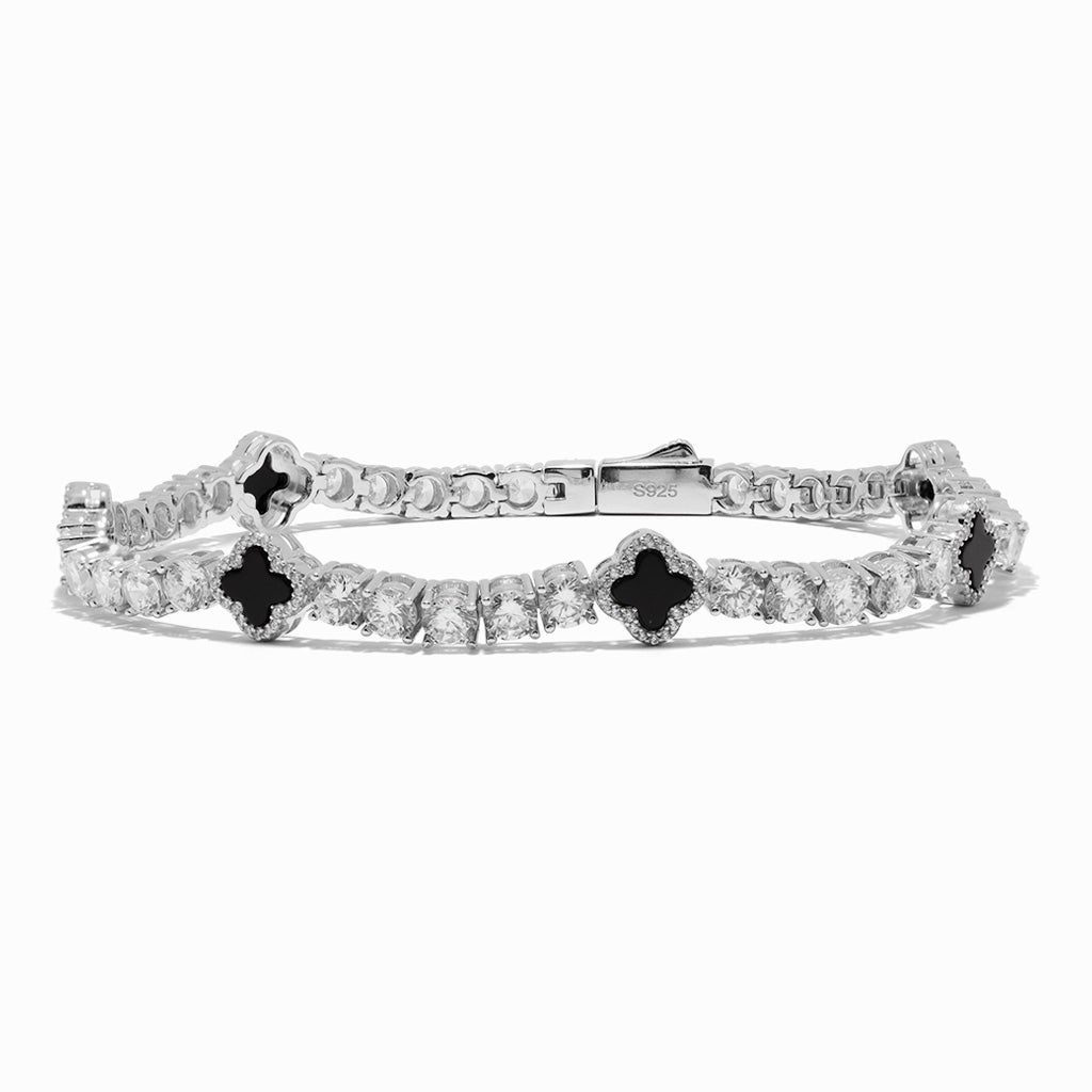 4mm Iced Out Tennis Bracelet With Black Enamel Four Leaf Clover - ViViGleam