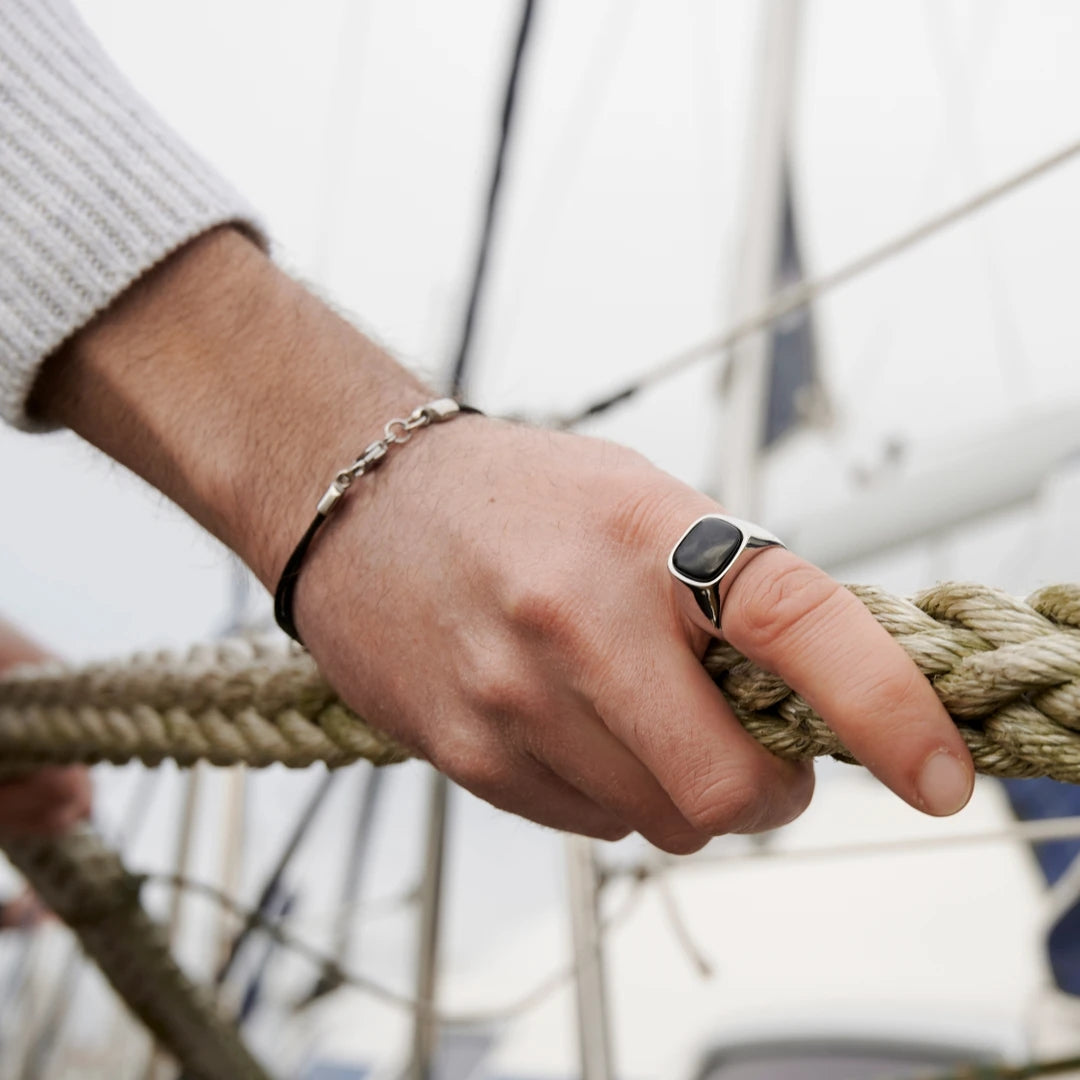 Stainless Steel Black Stone Signet Ring - ViViGleam