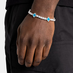 4mm Iced Out Tennis Bracelet With Blue Enamel Four Leaf Clover