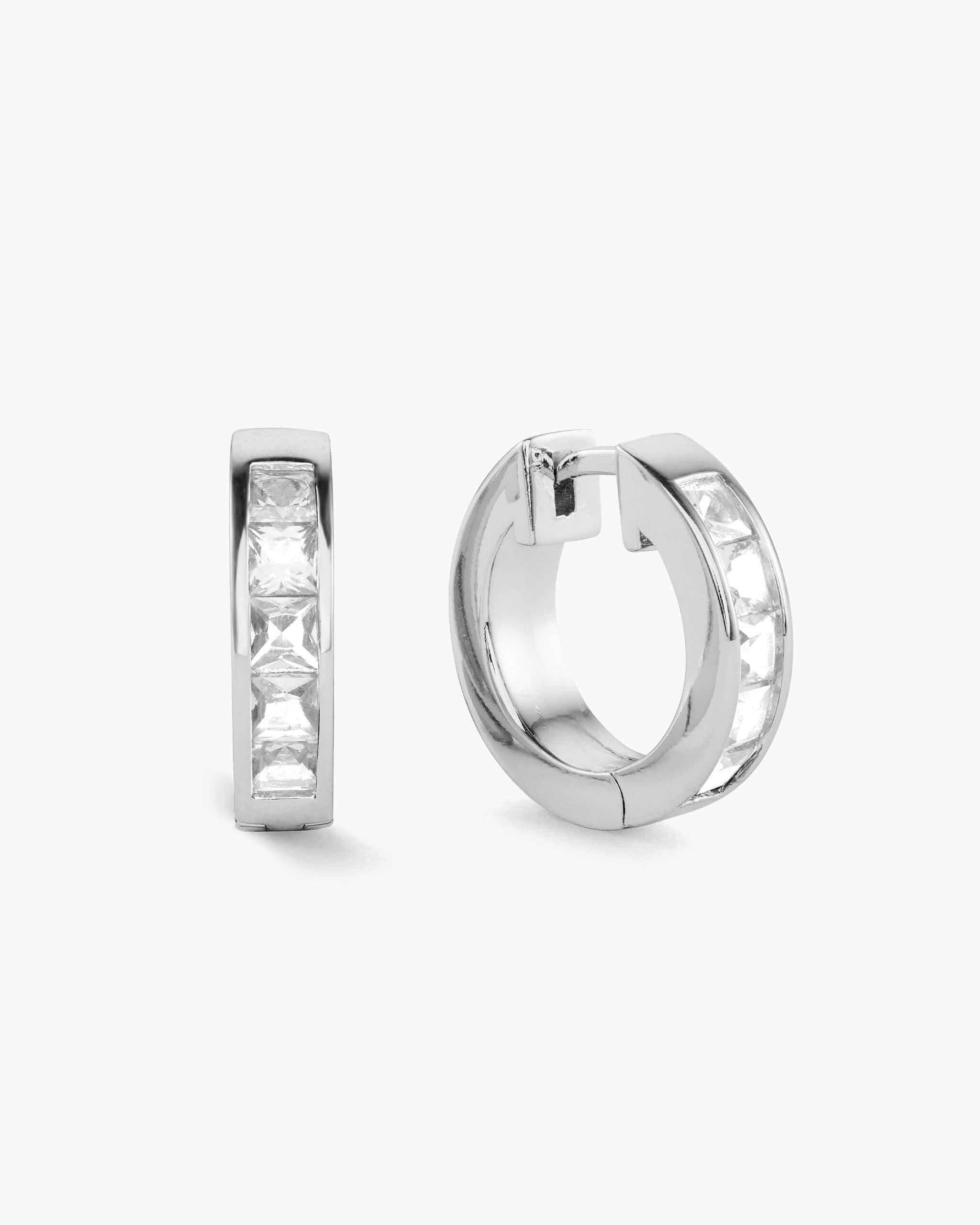Emerald Cut Inset Hoop Earrings - Silver - ViViGleam