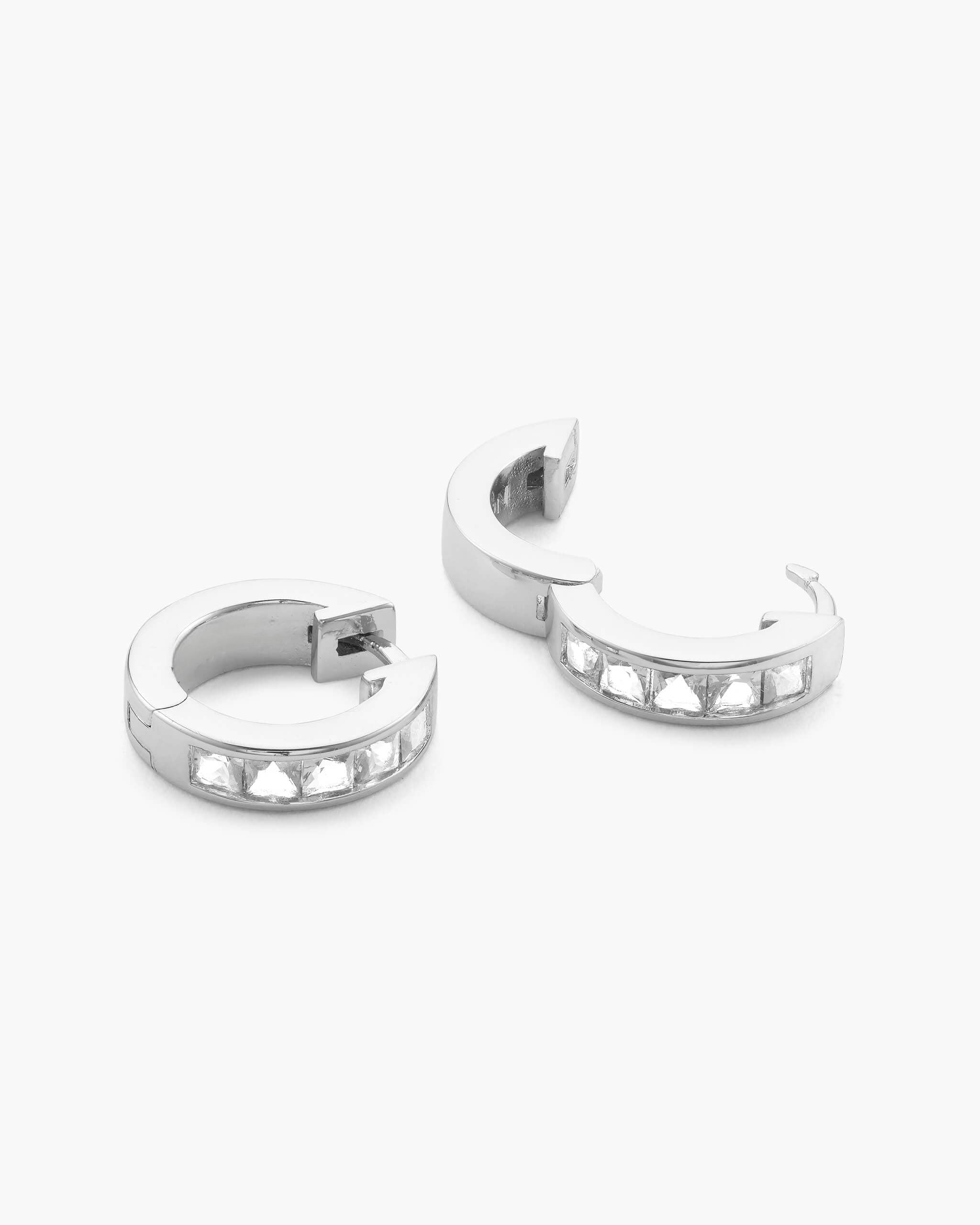 Emerald Cut Inset Hoop Earrings - Silver - ViViGleam