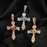 Intricate Iced Out Rose Cross Necklace