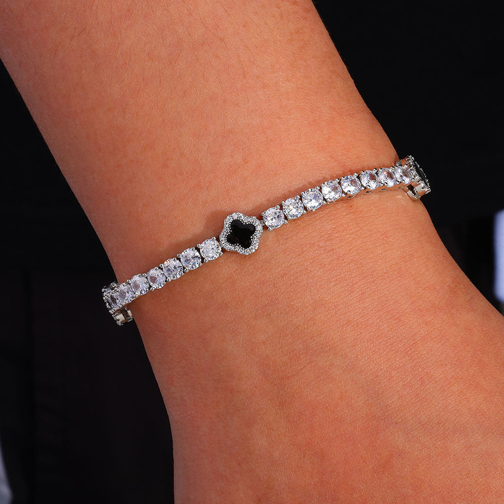 4mm Iced Out Tennis Bracelet With Black Enamel Four Leaf Clover - ViViGleam