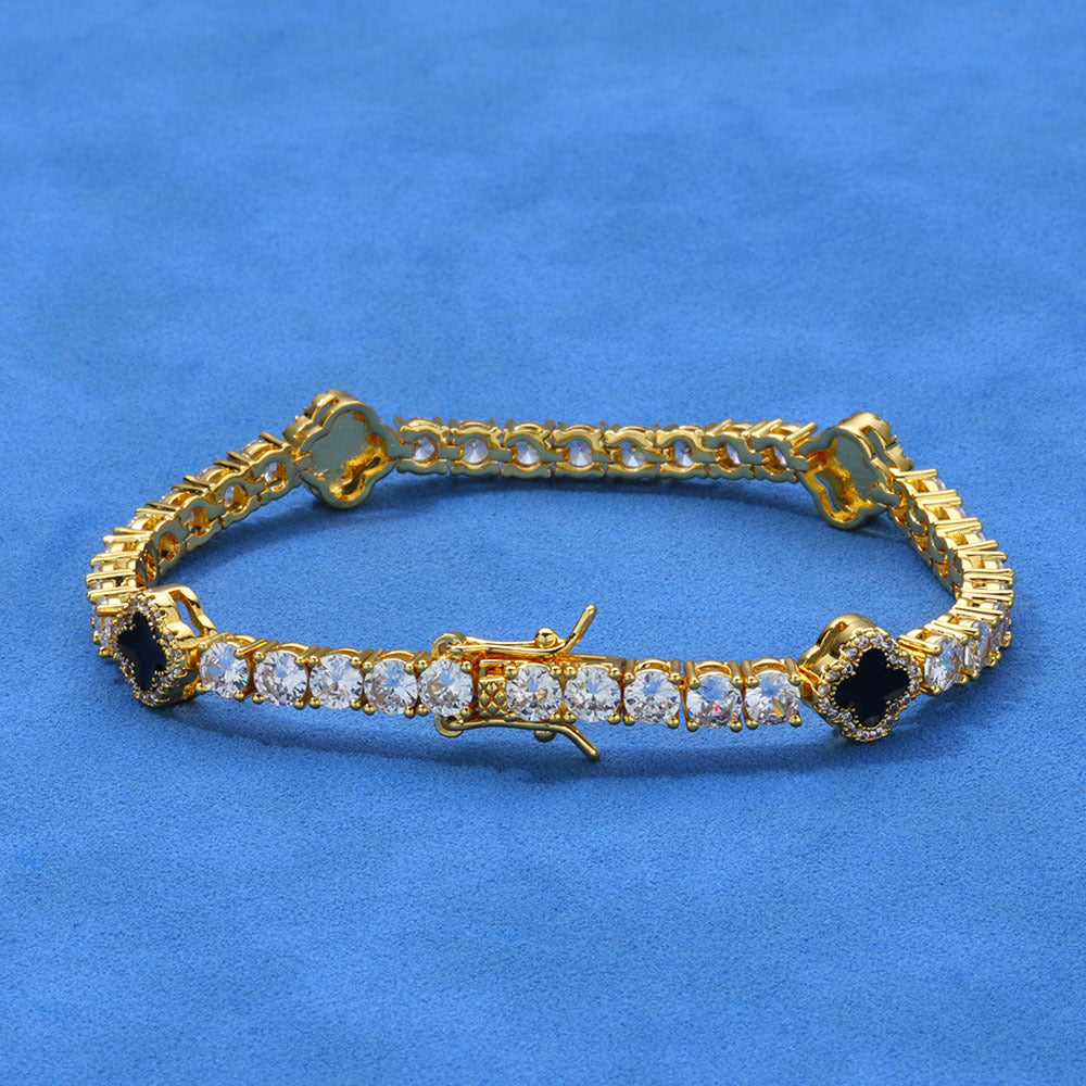 4mm Iced Out Tennis Bracelet With Black Enamel Four Leaf Clover - ViViGleam