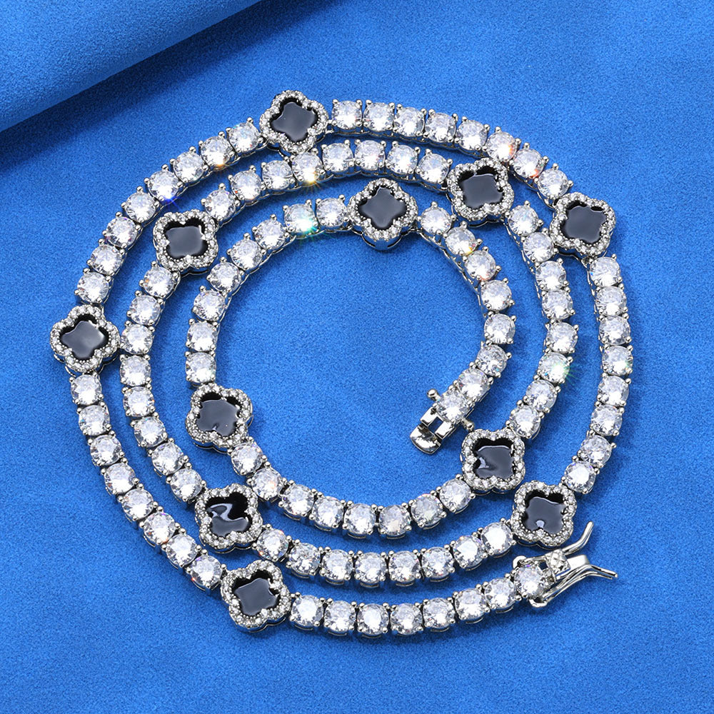 4mm Moissanite Tennis Necklace With Black Enamel Four Leaf Clover - ViViGleam