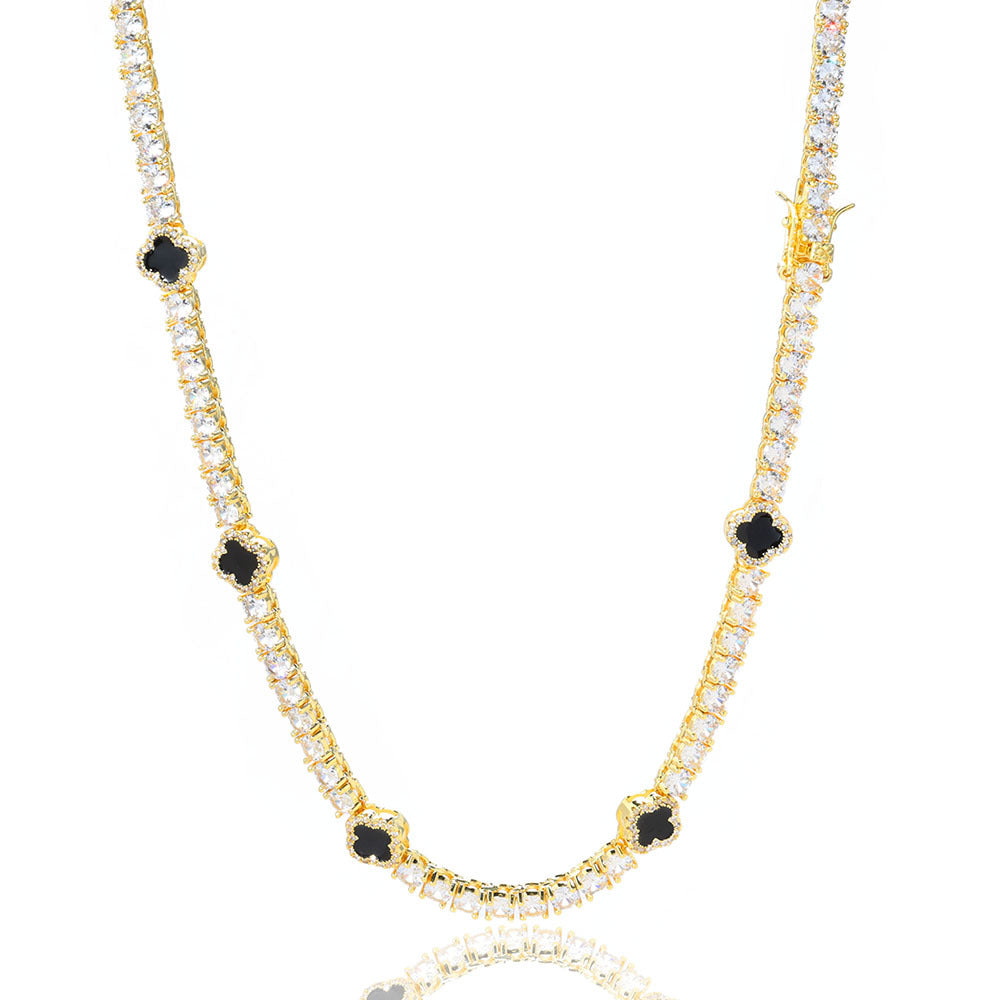 4mm Moissanite Tennis Necklace With Black Enamel Four Leaf Clover - ViViGleam