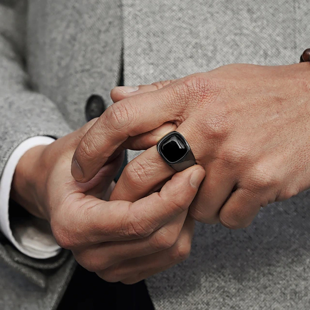 Stainless Steel Black Stone Signet Ring - ViViGleam