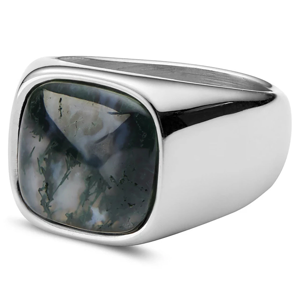 Stainless Steel Green Amber Signet Ring - ViViGleam