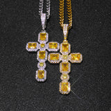 Statement Iced Out Yellow Stone Cross Pendant Necklace