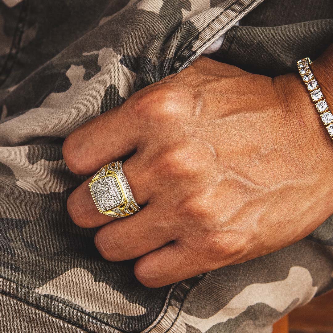 Diamond CZ Platform Mens Ring in 14K Gold - ViViGleam